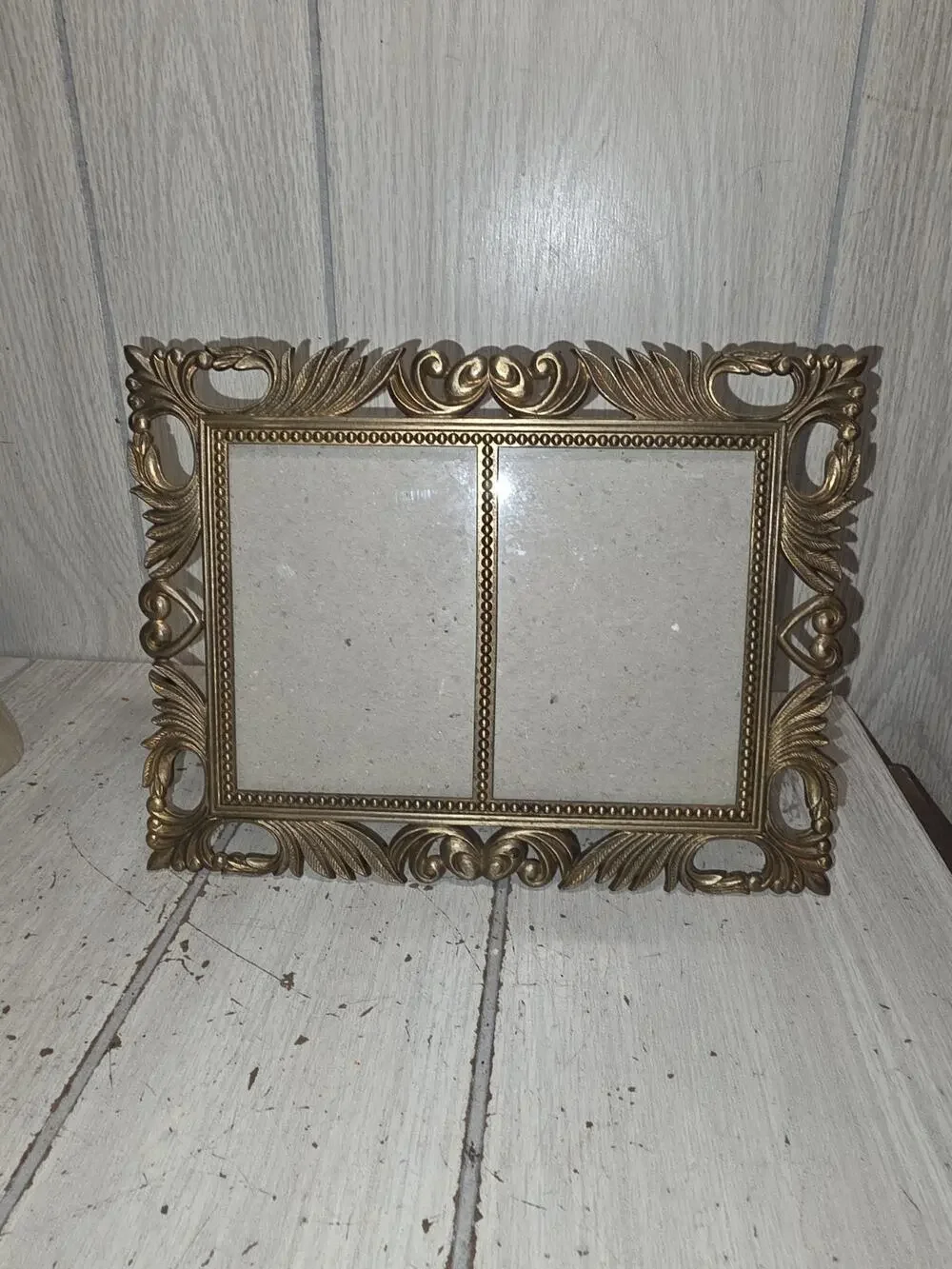 Vintage Solid Brass Ornate Small Double Picture Frame Rose Motif 3x5